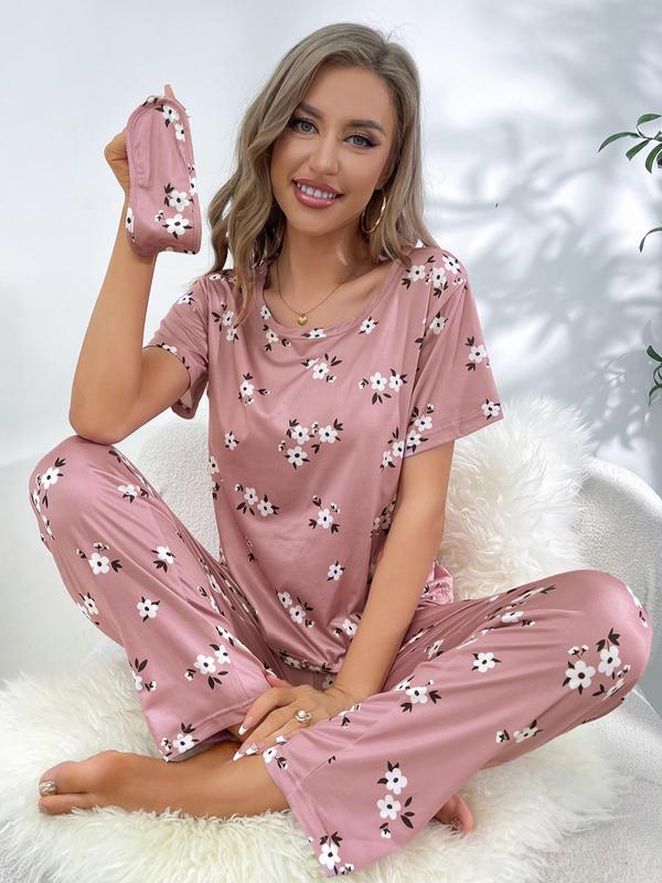 Women's Floral Print Top & Elastic Waist Pants & Eye Cover Pyjama Set, Soft Comfy Lounge Set, Women's Sleepwear Lounge Co-ord Set for All Seasons, Womenswear