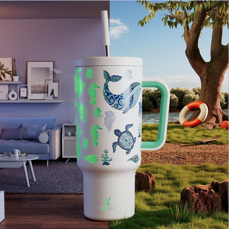 Summervibes,【Latest Style】 - Meoky 40oz Stay Hot Or Cold All Day Stainless Steel Thermos Cup, Perfect For Car, Office & Travel, Large Capacity, Trendy Design, Glow-In-The-Dark Marine Life, Insulated Tumbler With Handle. Mother's & Father's Day Gifts