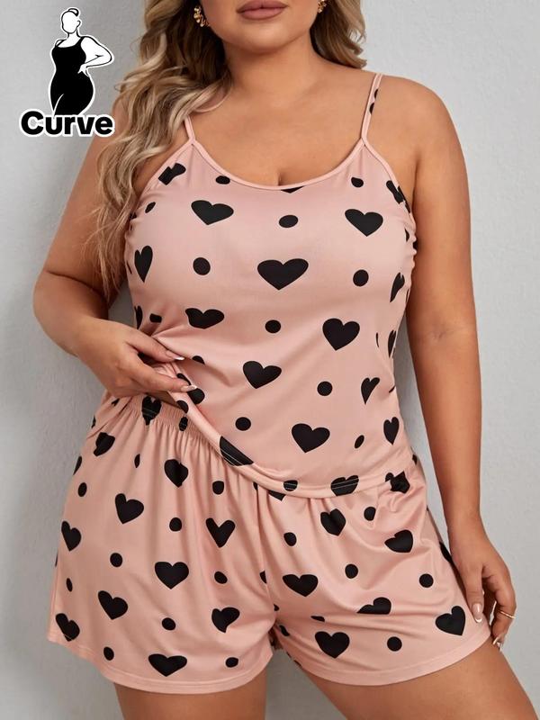 【Plus Size】 Heart Polka Dot Print Pyjama Set, Casual Spaghetti Strap Cami Top & Elastic Waist Shorts Pj Set, Women's Sleepwear & Loungewear