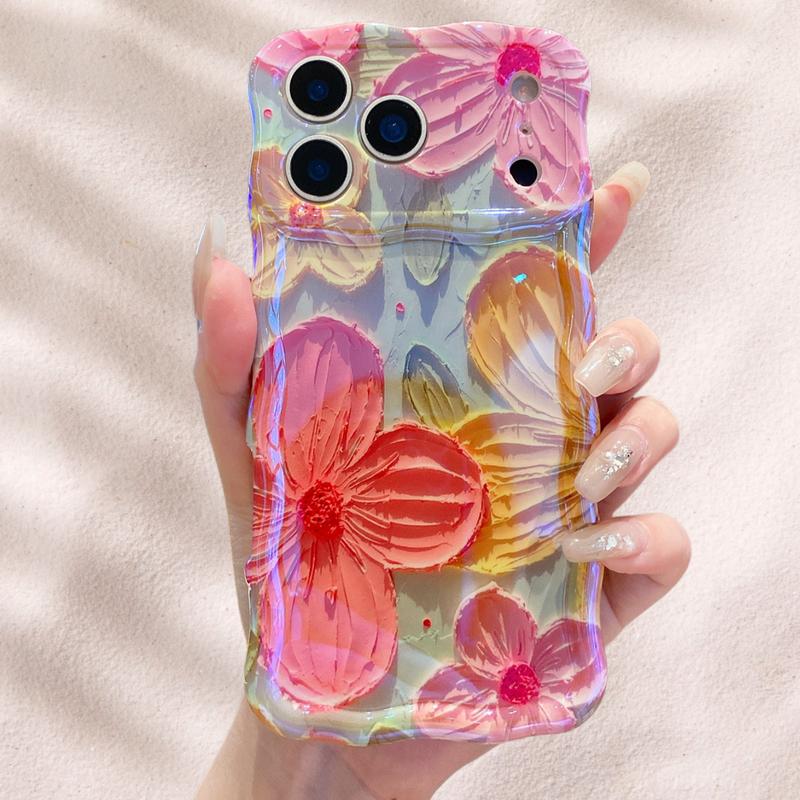 ISEMENA Laser Colorful Retro Oil Painting Flower Pattern for iPhone 17 Pro Max/17 Air 16 15 14 13 Pro Cute Curly Wave Frame Exquisite Phone Case for Girls Women, Shockproof TPU Protective Phone Cover #SummerVibes