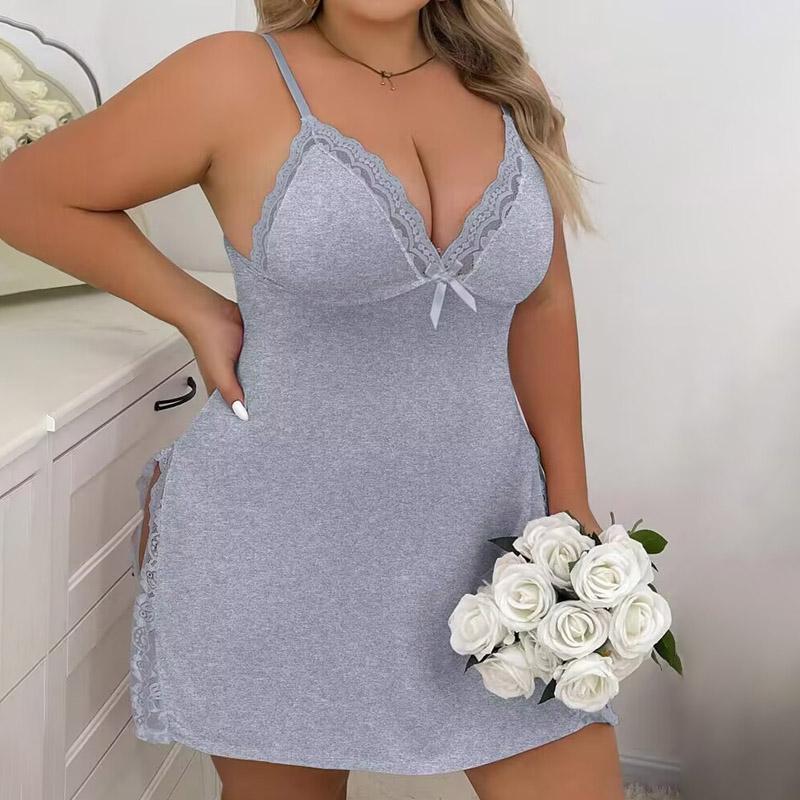 [Plus Size] ChicMe Women's Lace Sleep Dress - Spaghetti Strap Nightgown with Bowknot & Slit Detail | Soft Comfortable Nightwear for Honeymoon, Wedding Night & Valentine's Gift Fit Basic