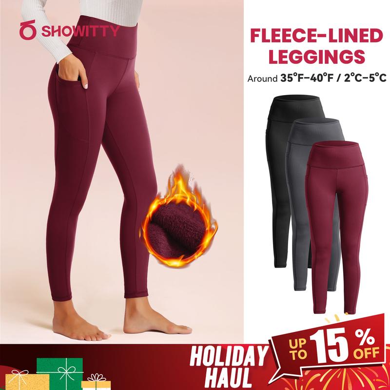 SHOWITTY Women's High Waisted 1/3 Pack Fleece Lined Leggings with Pockets – Thermal Warm Yoga Pants for Winter Workout & Everyday Wear