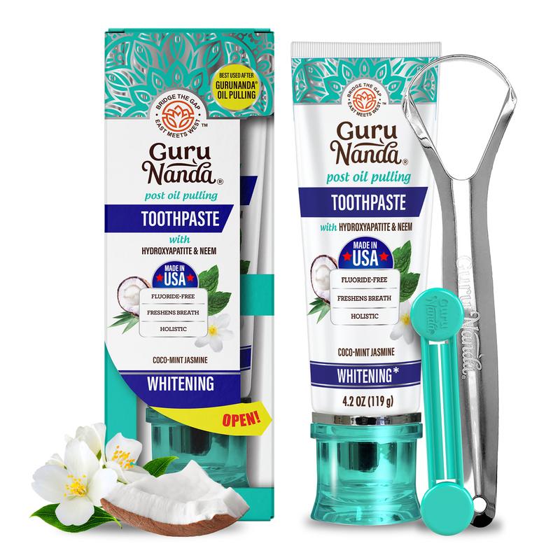 GuruNanda Hydroxyapatite Neem Whitening Toothpaste, SLS & Fluoride Free, Freshens Breath & Fights Plaque, Natural CocoMint Jasmine, 4.2oz