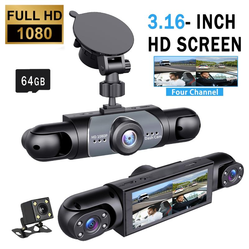 4 Channel  Car Dash Cam,1080P Car DVR with 64GB Memory Card,Plug and Play （Not wireless）Car Video Surveillance with Night Vision，24/7Parking Mode Car DVR Hd Screen Front Rear Left And Right dashcam