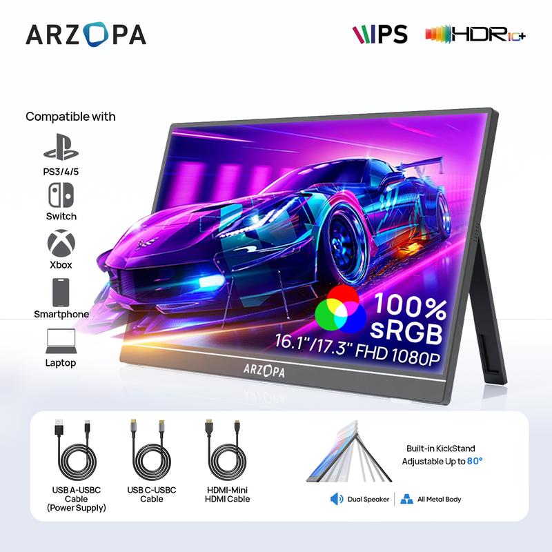 ARZOPA Portable Monitor| 16.1"/17.3" FHD 1080P 60Hz/144Hz| Laptop Screen Extender for PC Mac Xbox Switch PS5 iPhone| IPS Display Computer Display HDR External Screen Game| Workfromhome
