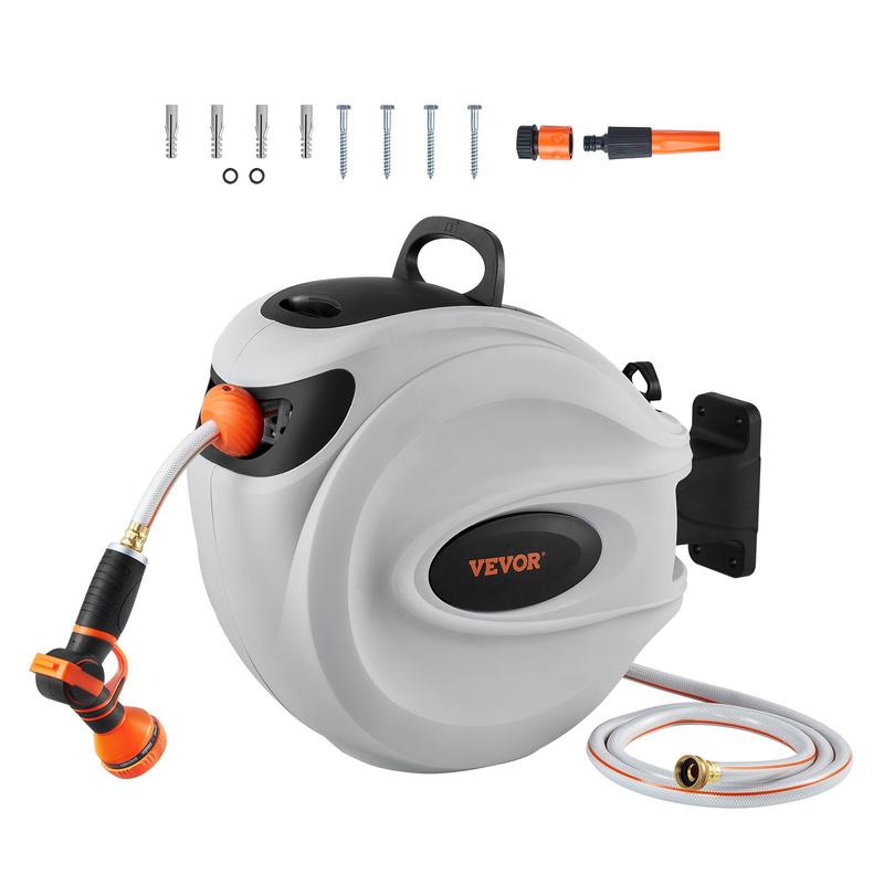 【fathersdaygift】VEVOR Retractable Hose Reel Max 130 FT / 115 FT / 100FT / 65FT / 84FT Garden Water Hose Reel with 9-Pattern Nozzle180° Swivel Bracket Wall-MountedAutomatic RewindLock at Any Lengthwith Slow Return System