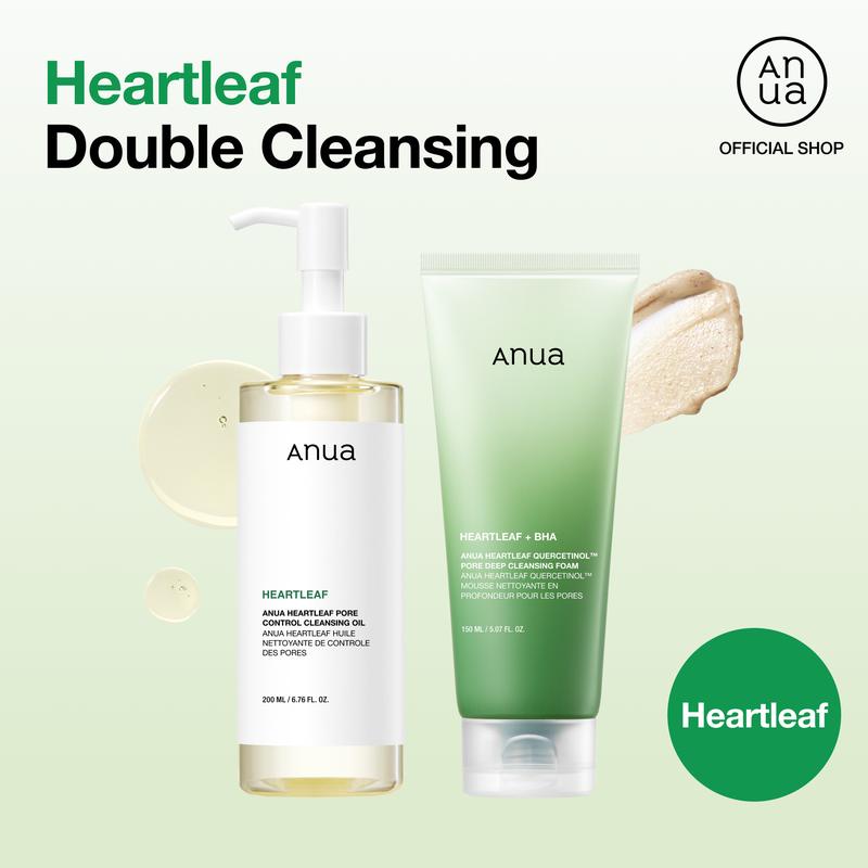 Anua Official Heartleaf Pore Control Cleansing Oil & Quercetinol Cleansing Foam - 100M Viral Double Cleanser Duo for Clear Hydrated Skin Exfoliate Blackheads
