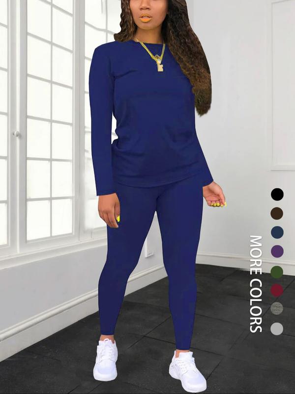 Women's Solid Long Sleeve Fitted Tee & Elastic Waist Pants Set, Casual Round Neck Top & Trousers for Spring & Fall, Women's Clothing for Daily Wear Womenswear