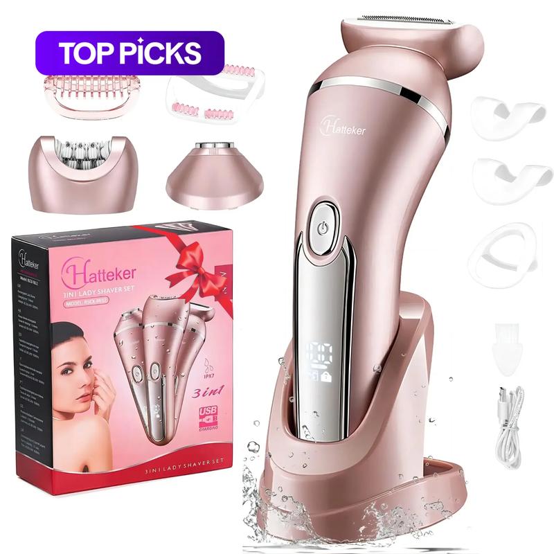 Hatteker 3-in-1 Women's Electric Shaver, Electric Hair Shaver for Arms, Legs and Body Hair Trimming, Gentle USB Rechargeable Hair Trimmer with Replacement Heads
