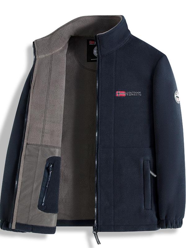 Men's Letter Embroidery Fleece Jacket, Regular Fit Casual Long Sleeve Zip Up Jacket for Fall & Winter, Men's Outerwear for Outdoor Activities