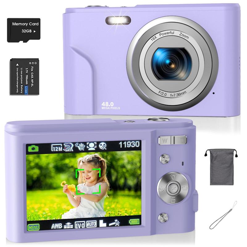 Auto Focus Digital Camera, 1 Count Full HD 1080P/48MP Mini with 32G Memory Card, Ff (F/3.2, f=7.36mm), 16x Zoom for Teenagers Beginners, Mini High Definition Camera, Electronic Portable Camera