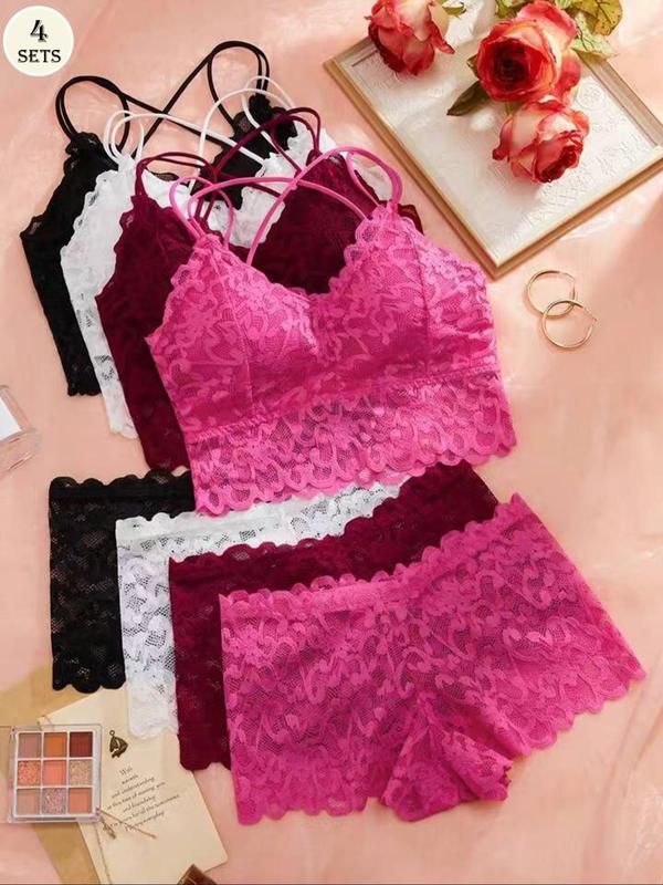 Women's Contrast Lace Backless Wireless Bra & Panty Underwear Set, Sexy Comfy Breathable Pink Lingerie Set for Daily Wear, Underwear Set for Women