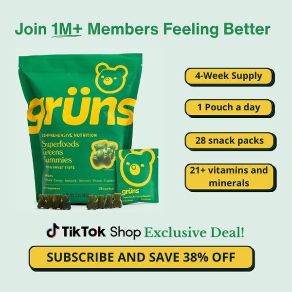 Grüns Superfood Greens Gummies: Comprehensive nutrition supplement with 60+ ingredients: Vitamins and Minerals, Prebiotics for Digestive Health, Adaptogens, Chlorophyll, Chlorella, Fruits and Vegetables, Gluten Free, Vegan, Third Party Tested