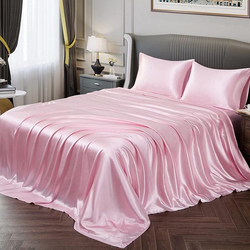 Solid Color Satin Bedding Set, Polyester Bedding Set, Satin Bed Sheets, Bedsheet Sets, 3/4 Counts Luxury Includes 1 Flat Sheet, 1 Fitted Sheet, and 1/2 Pillowcase without Filler, Room Accessories Soft Mattress Protector, Twin, Full, Queen, King
