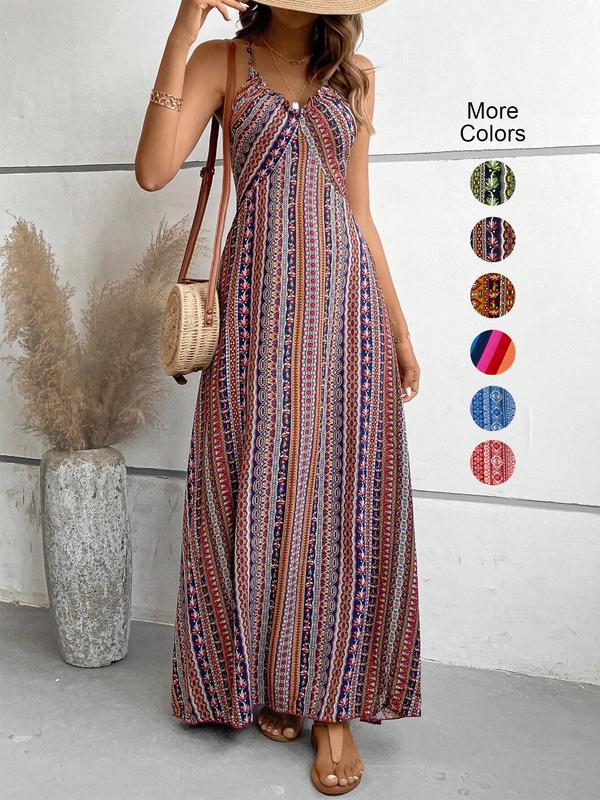 Women's Printed Split Long Sleeveless Dress, Classic Stripe Design, Backless Criss Cross Strap, Spring Summer Fall Wear, Casual Boho Elegant Bohemian Style Womenswear