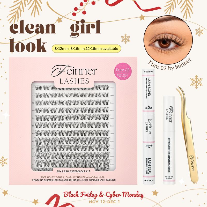 feinner DIY Lash Cluster Kit Invisible Soft Band Long Lasting Waterproof Bond Seal Remover Natural Eyelashes for Salon Quality at Home Must-Have Cluster Pure Clean Look｜Multiple options available