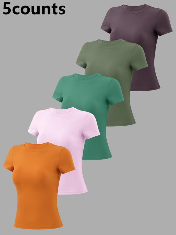 Women's Seamless High-Elastic Soft Comfort Round Neck Flat Shoulder Short Sleeve Yoga Wear Activewear 1-Piece/2-Piece/3-Piece/5-Piece Fashion T-Shirt for All Seasons Outdoor Running Cycling Hiking Walking Shopping Home Gym Training Versatile Short Sleeve