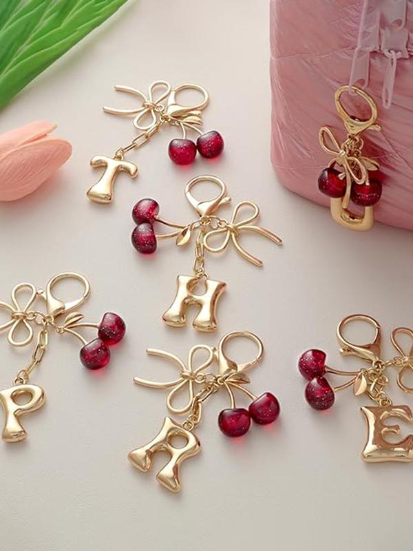 Women's Cherry Bow Letter Pendant Keychain, Cherry Design, Bow Accent, Casual Style Wallet, Handbag and Backpack Accessory, Keychain for Bags, Car Keychain for Students
