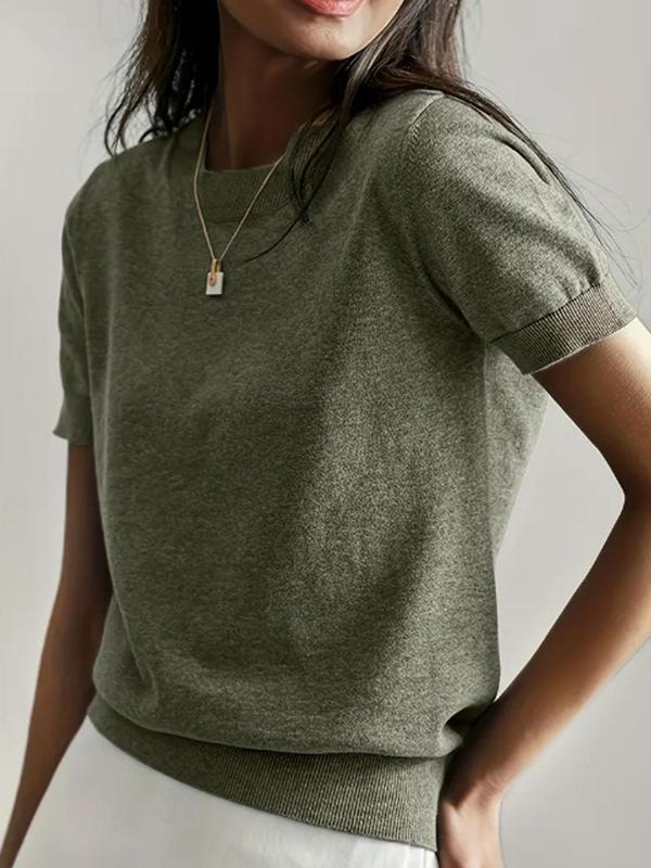 Women's Solid Color Crew Neck Short Sleeve Lightweight Loose Sweater, Casual Basic Minimalist Knit Pullover for Spring & Fall, Fashion Women's Knitwear for Daily Wear, Womenswear
