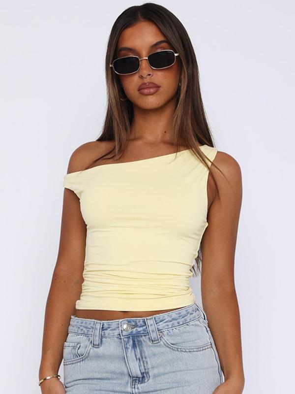 Women's Basic Plain Asymmetrical Neck Ruched Sleeveless Tank Top, Casual Minimalist Aesthetic Fashion Slim-fitting Top for Summer, Women's Clothing for Daily Wear, Fall&winter Clothing, Gift for Girl, Womenswear, Sleeveless Crop Tops