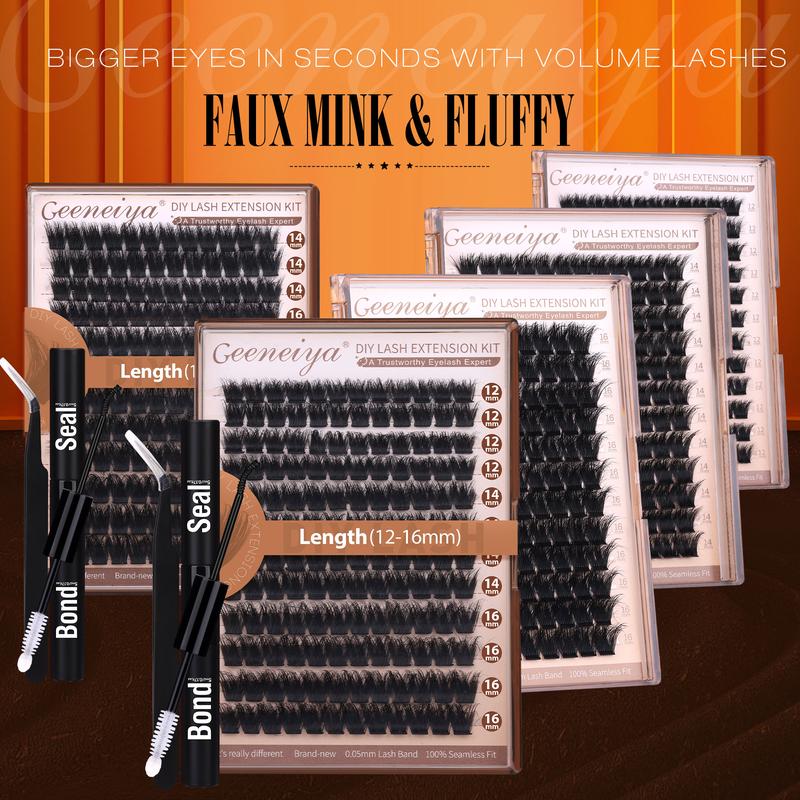 ãFAUX MINKãGeeneiya 200D Lash Extension Kit Fluffy Eyelash Extension Kit Thick Volume Lash Clusters Kit Wispy DIY Individual Eyelashes Kit with Lash Bond and Seal, Lash Applicator (D Curvature, Thick Faux Mink)
