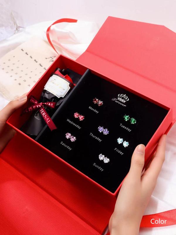 7 Pairs Heart-Shaped Zircon Stud Earrings Set, Elegant Gift Box for Girlfriend Anniversary, All-Season Wearable Jewelry, Jewelry Gifts