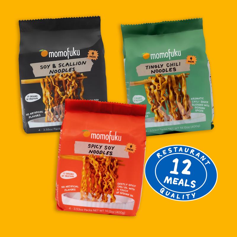 Momofuku Noodle Variety Pack -  Servings of Soy & Scallion Spicy Soy Tingly Chili Dried Noodles for Flavorful Meals Savory