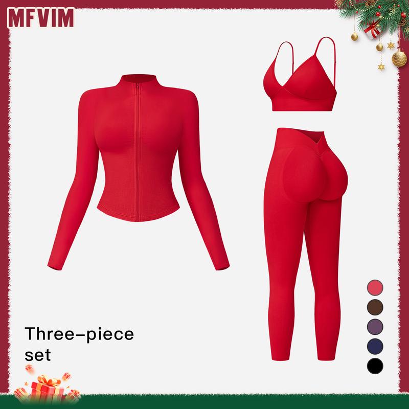 Women's Solid Criss Cross Crop Tank Top & High Waist Leggings & Zip Up Crop Jacket Tracksuit Set by MFVIM - Breathable Comfortable Outfits for Yoga, Gym, Workouts, Running, Yoga Wear, Workout Gym Clothing, Gym Sportswear, Casual Activewear SpringStatement