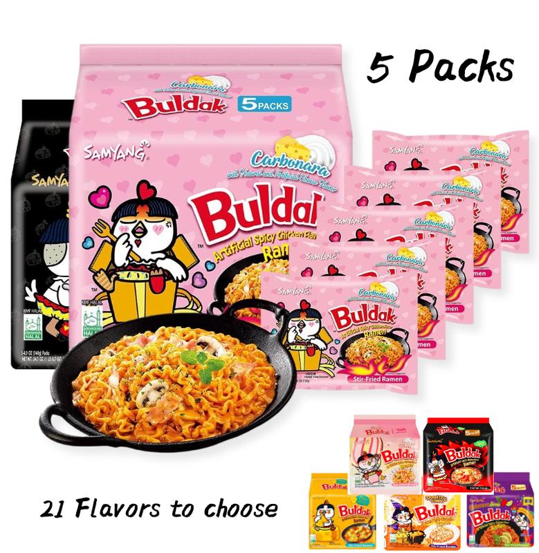 SAMYANG Buldak Ramen Korean Carbonara Stir-Fried Carbonara Hot Chicken Flavor - 5 Packs* 4.58 oz Spicy Cheese Chicken Ramen Noodles Food Instant Packaged Pansitï¼SAMYANG Buldak Ramenï¼Hot Chicken Flavor with Cheeseï¼Spicy Chicken Artificial Flavor