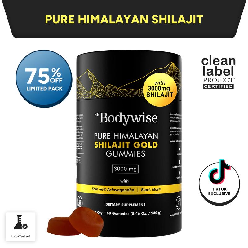 Be Bodywise by Root Labs Pure Himalayan Shilajit Gummies | New Year New Me Edition | 3000 mg with KSM-66 Ashwagandha, Gokshura, Saffron, Black Musli | Fulvic Acid & 85+ Trace Minerals | No Added Sugar | Natural Strength, Focus & Stamina Support