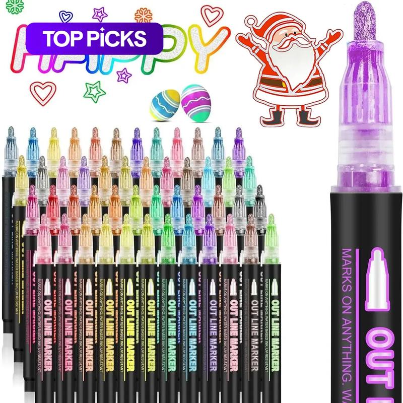 Double-Line Outline Art Marker Pen Set, 8, 12, 24, 36, or 48 Colors DIY Graffiti Highlighter Pens Drawing Markers for Scrapbook, Poster and Card Coloring Drawing Art Supplies
