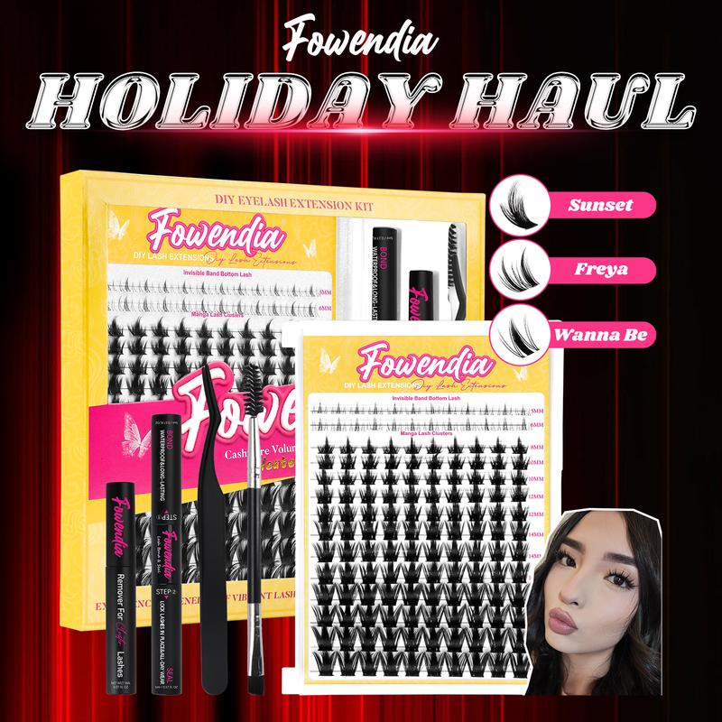 Fowendia California Sunset Wanna Be Freya Manga Lashes Cluster C D Curl DIY Lash Extension Kit and Lash Clusters 8-18mm with Bond Seal and Remover - Ultra-Thin Transparent Bands, Lash Magic Anime False Lash Extension Kit dealsforyoudays