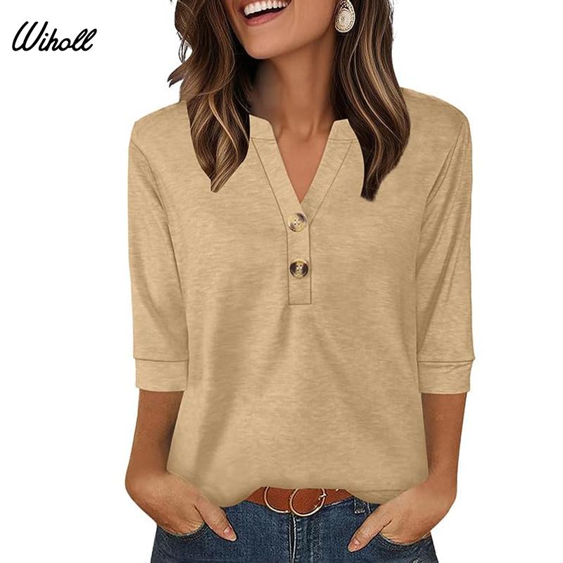 WIHOLL 3/4 Sleeve Tops Summer Outfits for Women Breathable Lightweight Blouses Air Conditioner Friendly Loose Fit Beach Vacation Girls Adjustable