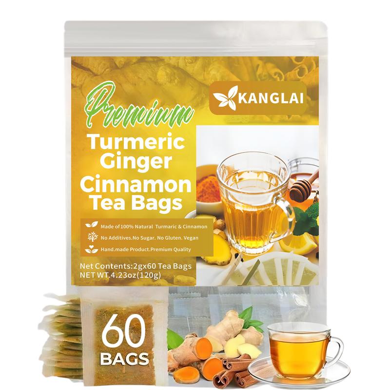 Turmeric Spiced Herbal Tea Bags, 60-Bag Value Pack with Ginger & Cinnamon - 100% Natural Pure Powdered, Additive-Free, Vegan, Keto, Caffeine Free, Dairy-Sugar-Gluten Excluded - Herbal Remedy for Christmas, Thanksgiving