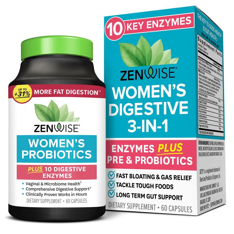 Zenwise Spring into Green Wellness: Women's Probiotic Digestive 3-in-1 Plus 10 Digestive Enzymes - Clinically Proven for Gut Health & Yeast Balance