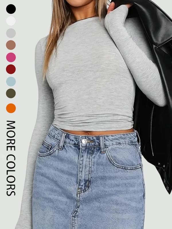 Women's Plain Round Neck Long Sleeve Crop Tee, Casual Everyday Solid Crew Neck T-shirt for Spring & Fall, Women's Top for Daily Wear