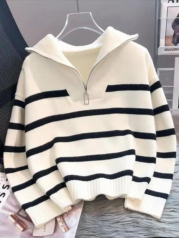 Women's Striped-Print Drop-Shoulder Sweater with Half-Zipper, Casual Fitted Long-Sleeve Collared Jumper for Daily Outdoor Wear, Knitwear for Fall & Winter, National Day Outfit