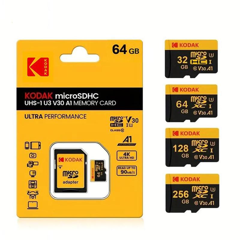 KODAK 32GB/64GB/128GB/256GB microSDXC Memory Card, U3, V30, 4K, A1, 90MB/s Micro High-speed SD Card TF Card, Storage Accessories for Speaker, Camera, Gaming console, Tablet, Cams, Smartphone Storage Accessories, Security Cameras, Cameras, Sd Card Included