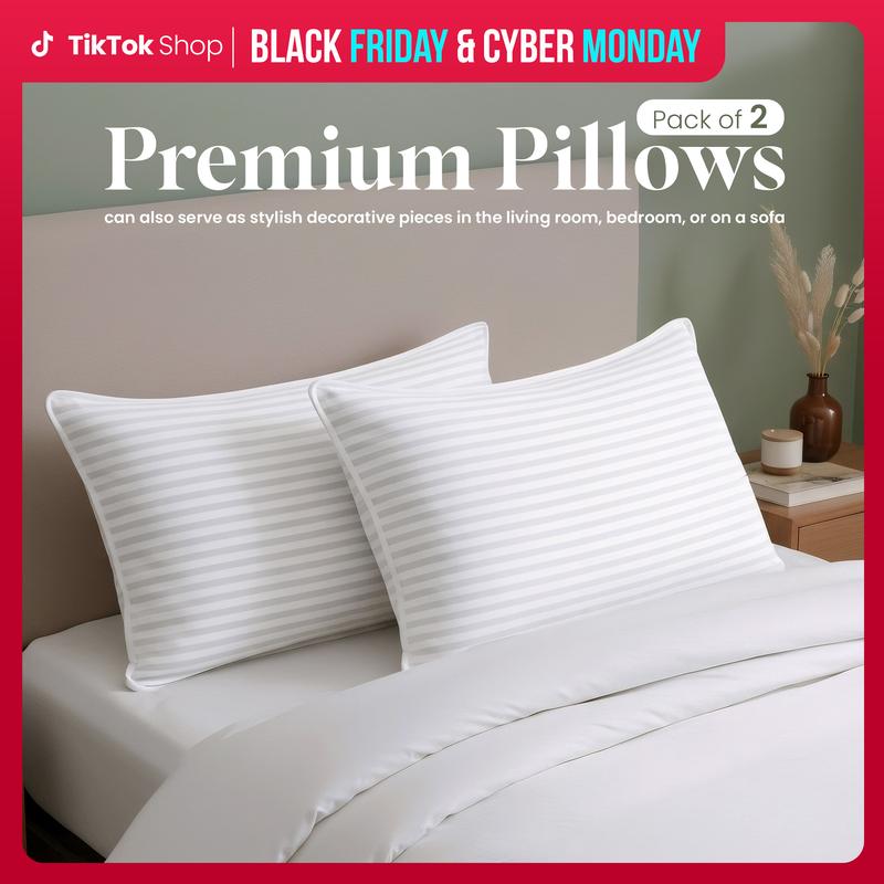 Utopia Bedding Premium Striped Bed Pillows for Back Stomach & Side Sleepers - Polycotton Soft Breathable Covers, No-Shift Construction, White, Pack of 2 - Polyester - Supportive Memory Foam