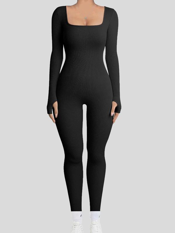 Women's Plain Square Neck Long Sleeve Sports Tummy Control Jumpsuit, Casual Sporty Seamless Jumpsuit For Yoga Gym Workout Running, Ladies Fall & Winter Sports Clothes, Sports Jumpsuits
