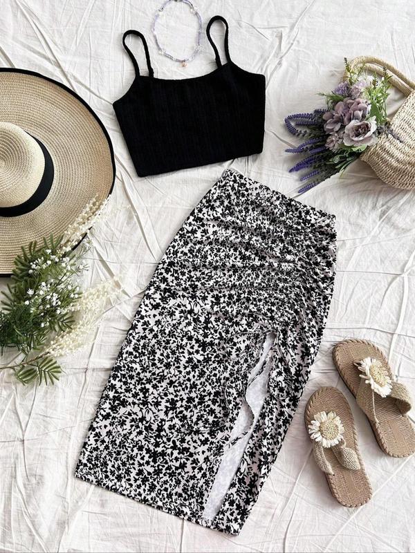 Women's Plain Adjustable Fit Cami Top & Ditsy Floral Print Ruched Drawstring Skirt, Casual Sleeveless Top & Skirt for Summer, Two-piece Women’s Sets, Womenswear