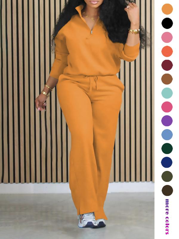 Women's Solid Half Placket Split Hem Pants Set, Casual Basic Long Sleeve Top & Pocket Wide Leg Trousers for Summer, Ladies Clothes for Daily Wear, Womenswear