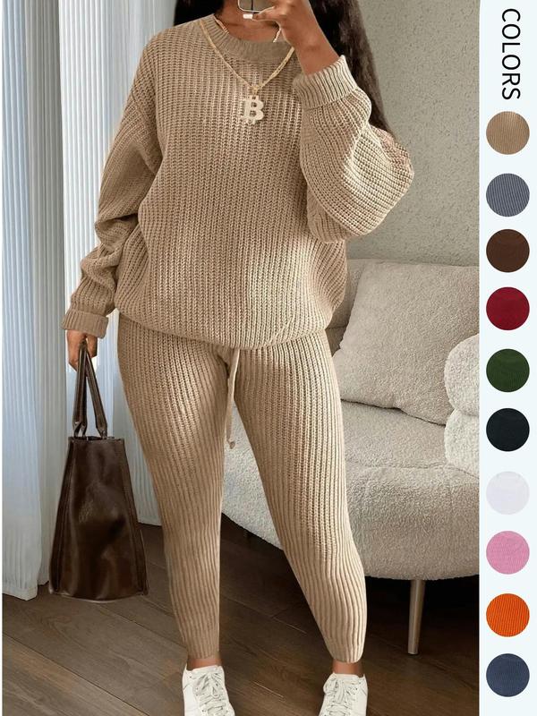 Women's Solid Round Neck Drop Shoulder Sweater & Drawstring Waist Pants Knit Set, Casual Cozy Knitwear for Daily Outdoor Wear, Ladies Fall & Winter Outfits, Women's 2 Pcs Sweater Set, Clothes, Style, Womenswear