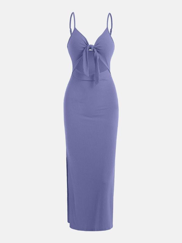 Women's Plain Cut Out Knot Front Split Thigh Bodycon Fit Dress, Solid Spaghetti Strap Cami Dress, Ladies Casual Summer Dress for Evening Party Nightclub