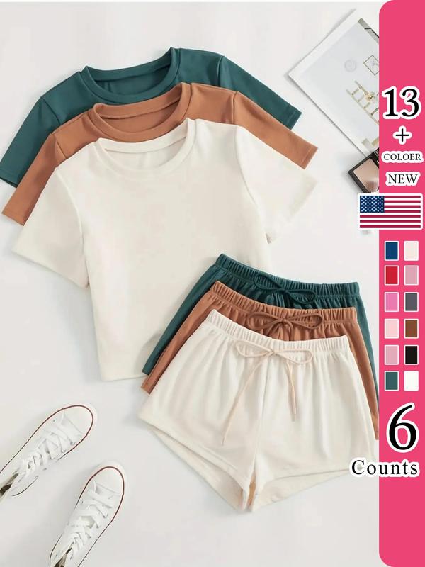 Women's Classic All-Season Nightwear Pajama Set, Comfortable Round Neck Fitted Short Sleeve Top & Elastic Shorts, Casual Home Wear Loungewear, Pjs