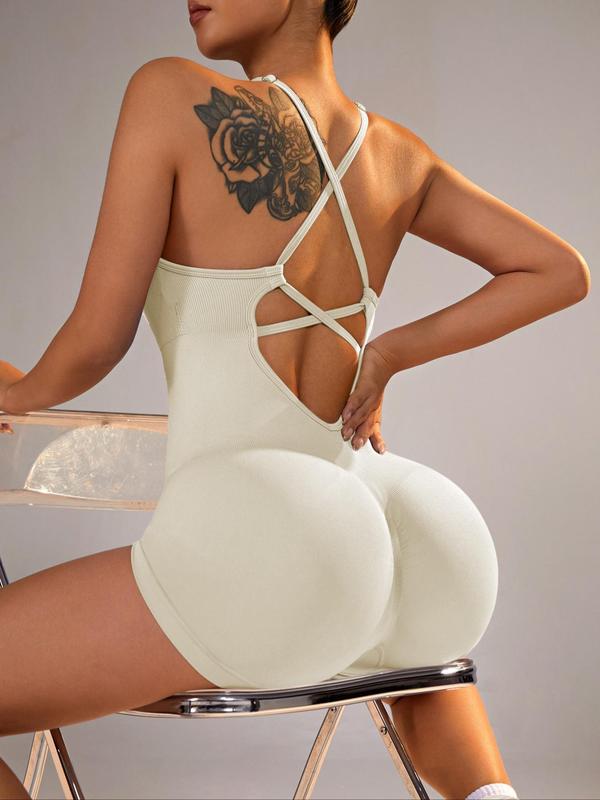 Women's Solid Criss Cross Backless Padded Scrunch Butt Sports Romper, Adjustable Strap Sleeveless Padded Cami Romper for Yoga Gym Fitness Workout Jumpsuit