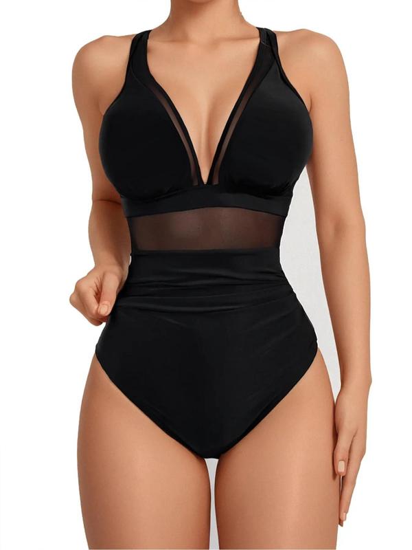 New Solid Color V Neck Mesh Patchwork Crinkle One Piece Bikini, Ruched Swim Suits, Casual Summer Swimwear, Thin Fabric, Fitted Style