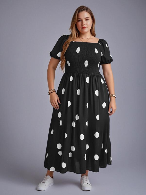 [Plus Size] French Style Ditsy Floral All Over Print Puff Sleeve A-Line Maxi Dress, Square Neck Shirred Dress, Dresses for Women, Women's Clothes for Summer, Casual Wear, Casual Chic Dress