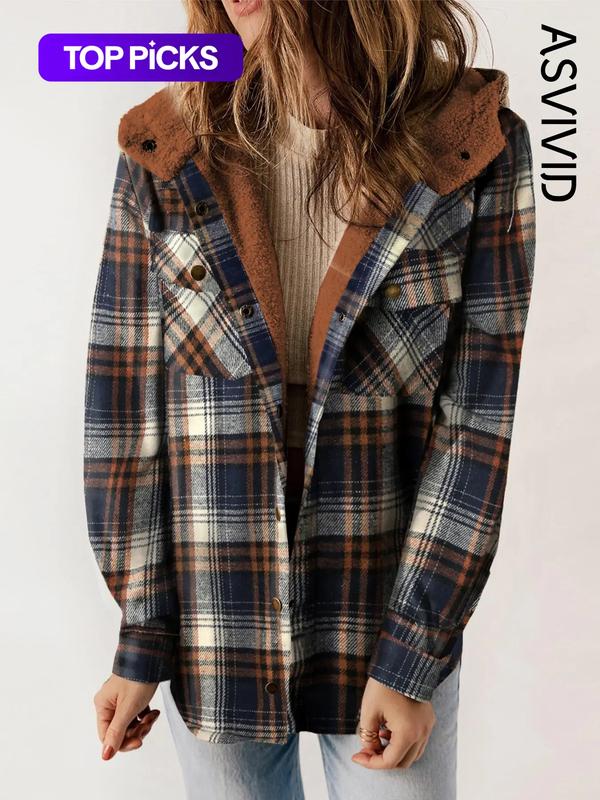 Women's Plaid / Houndstooth Print Button Front Hooded Coat, Casual Long Sleeve Pocket Coat for Fall & Winter, Ladies Outerwear for Daily Wear