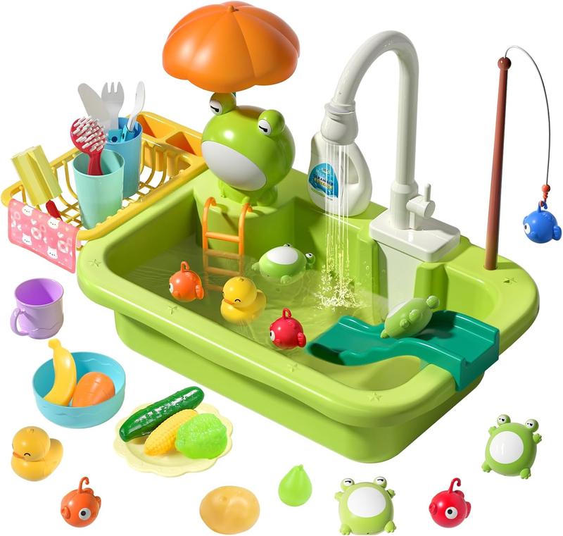 CUTE STONE Play Sink with Running Water, Pretend Play Kitchen Sink with Upgraded Electric Faucet, Realistic play set learning cookingset Plastic Toy Outdoorfun, backyardfun summerwins